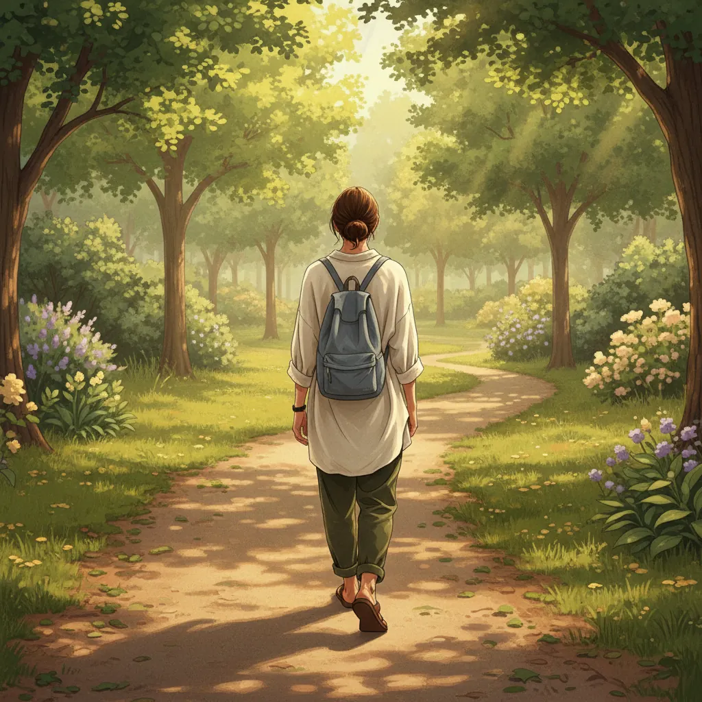 Anonymous person walking along a sunlit park path on a bright morning